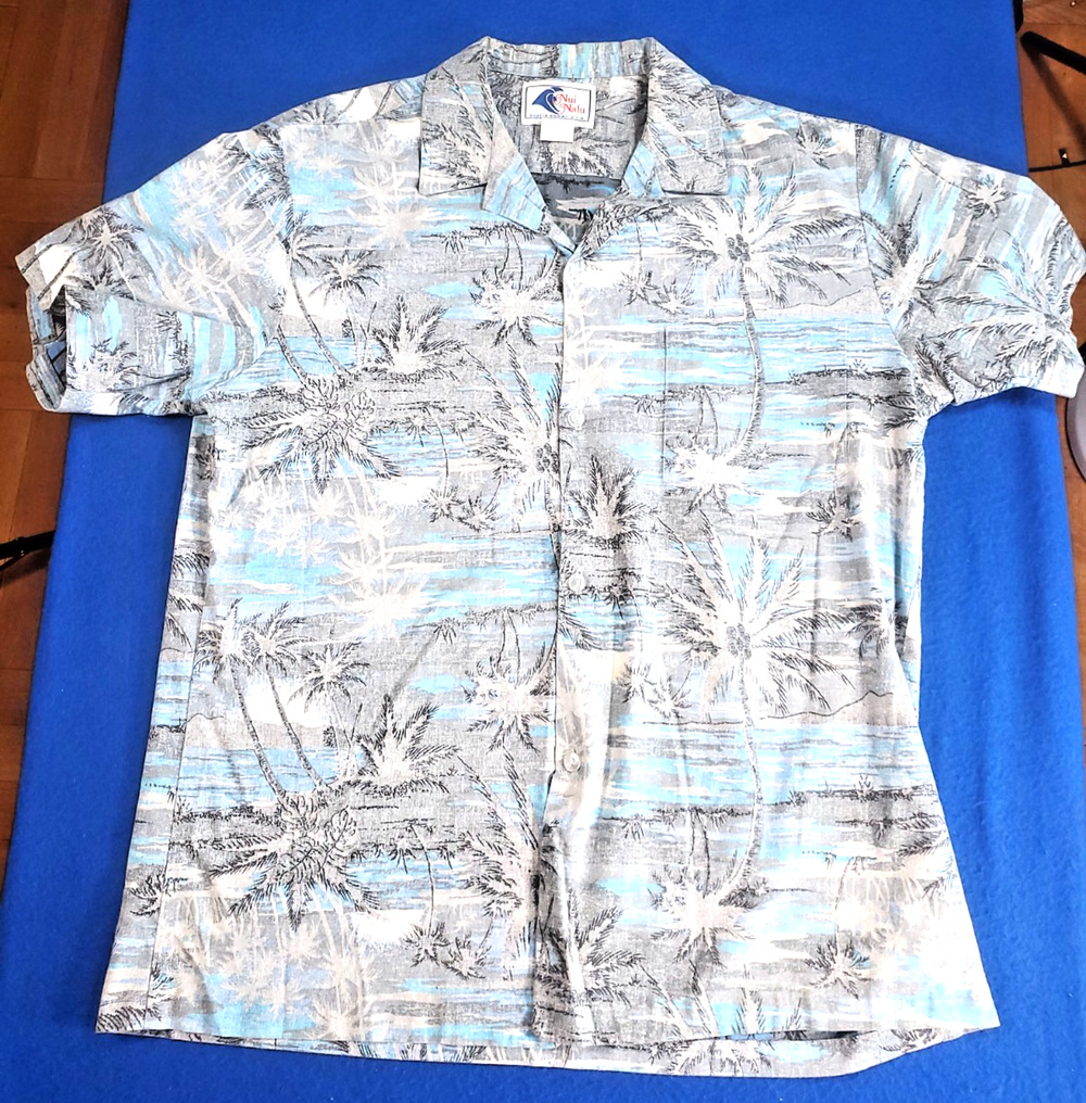 Vintage Nui Nalu Hawaiian Shirt Mens L Blue Palm Tree Beach All Over Print